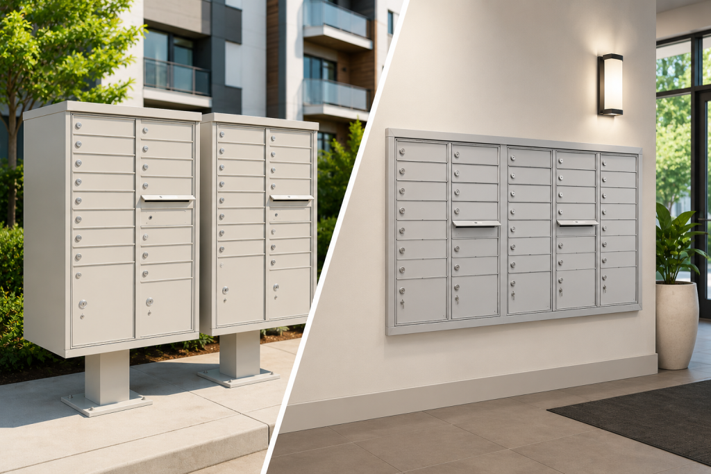 Photo of a cluster mailbox unit and wall-mounted mailbox unit