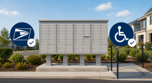 Cluster mailbox system with logos for USPS and ADA.