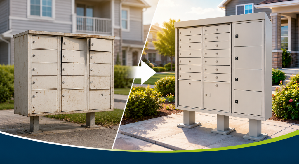 Two mailbox units - one in need of replacement and a current model.
